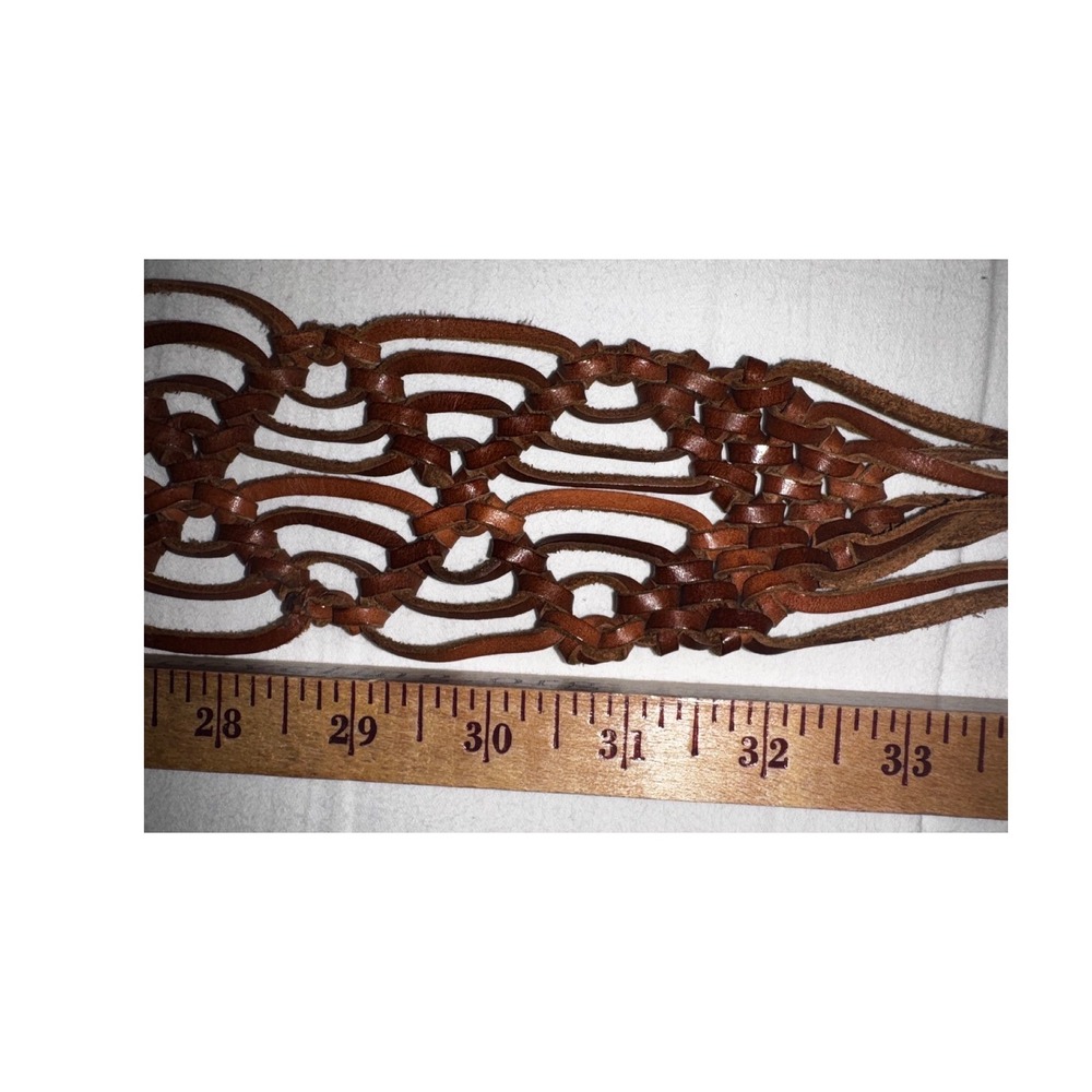 Vtg Y2K Woven Leather Macrame Fringe Belt Brown Boho Western O-Ring 2000s - Picture 3 of 4